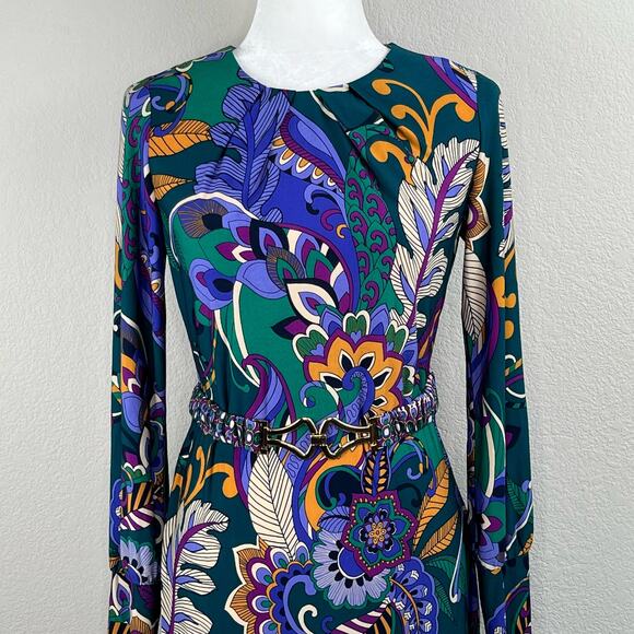 London Times Multi Teal Blue Floral Belted Jewel Neck Mini Sheath Dress 4 NWT - Picture 6 of 15